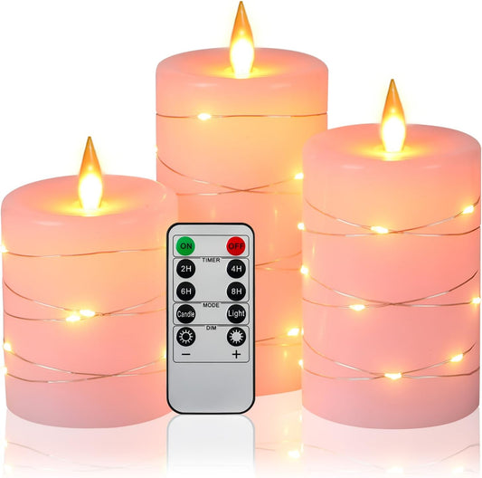 Da by 3 Pack Pink Real Wax Flameless Taper Candles, Lifelike Flickering LED Flame Candles with Surrounding Fairy String Lights, Soft Warm Battery Candles with Remote for Home Wedding Party Decor