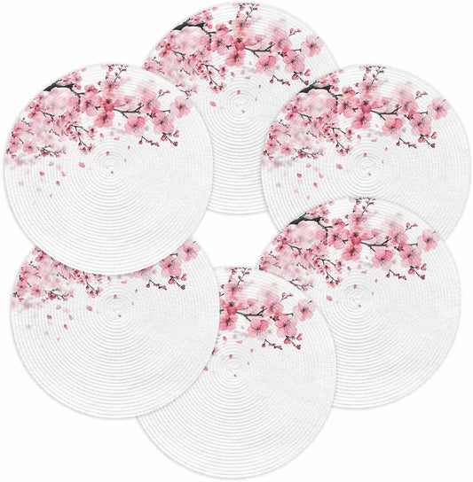 Round Placemats for Dining Table Set of 6 Pink Floral Place Mats Circle Woven Placemat Cherry Blossom Sakura Flower Tree Branch Circle BraidedTable Mat for Kitchen Home Dinner Party Decor 15 Inch