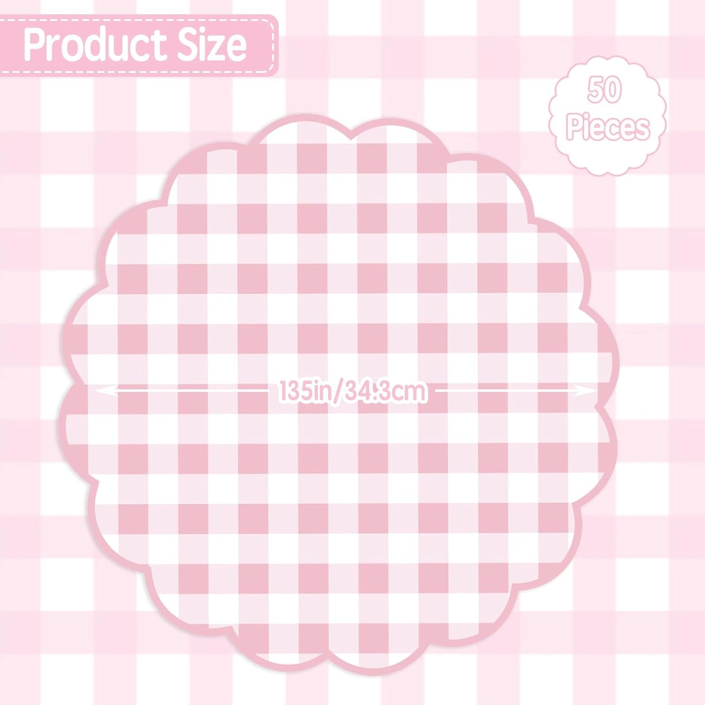 50Pcs Checkered Paper Placemats Pink Gingham Place Mats 13.5 Inch Scalloped Checkered Place Mats Disposable Table Placemats for Table Setting BBQ Baby Shower Wedding Bridal Banquet Tea Party