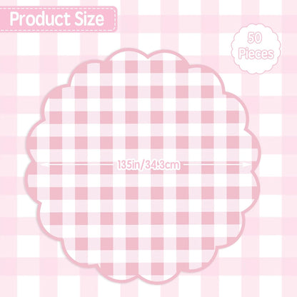 50Pcs Checkered Paper Placemats Pink Gingham Place Mats 13.5 Inch Scalloped Checkered Place Mats Disposable Table Placemats for Table Setting BBQ Baby Shower Wedding Bridal Banquet Tea Party