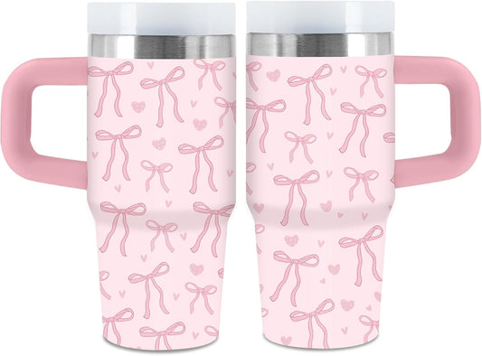 Pink Bow Gift for Women - 14oz Bows Tumbler with Handle, Lid & Straw, Vacuum Insulated Stainless Steel Bowknot Tumblers, Bow Cup for Office, Travel - Pink Tumblers for Women Gifts Cups for Girls