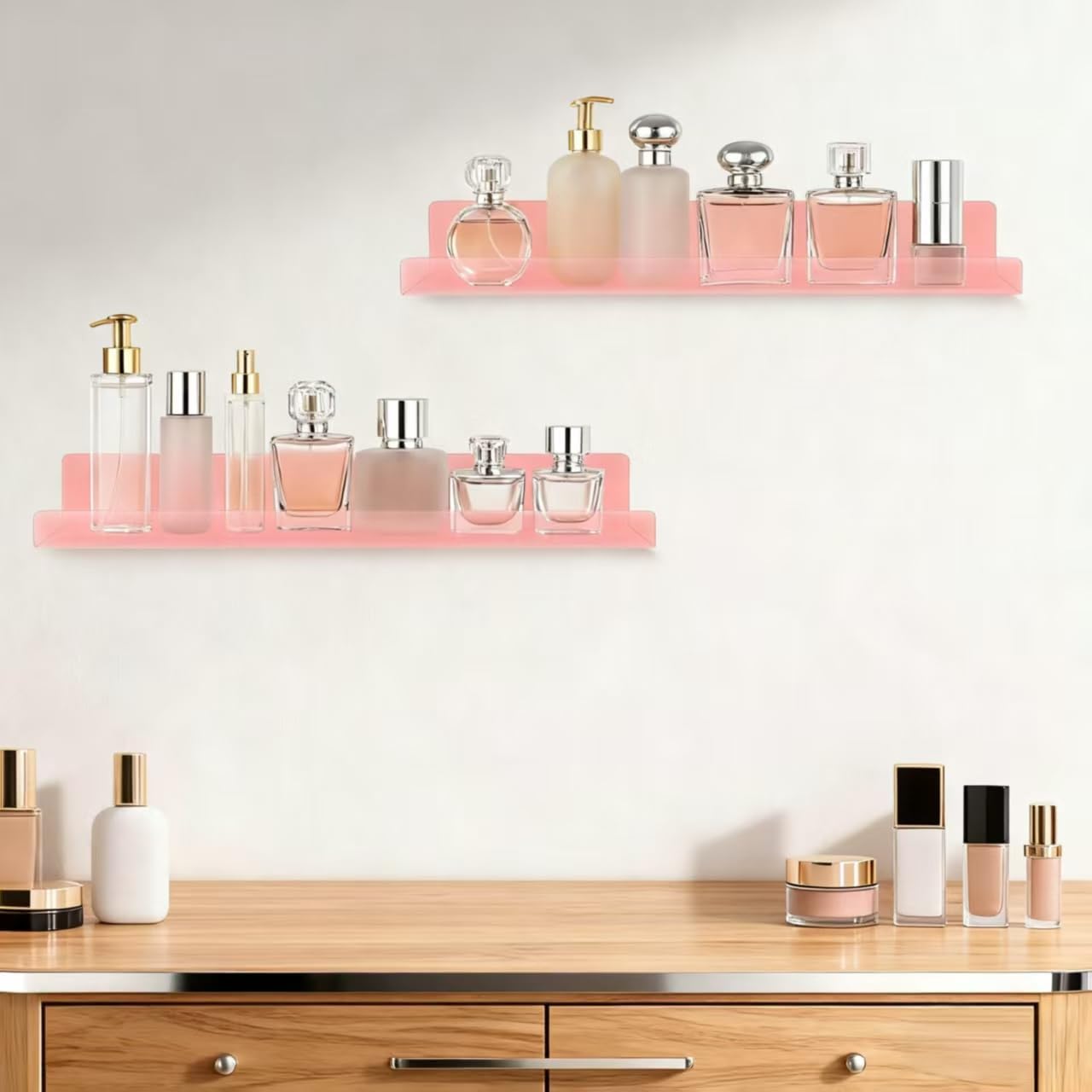 Dezzer 4 Pack Acrylic Shelves for Wall, 15" Acrylic Floating Shelves for Bathroom Bedroom, Invisible Bookshelf Wall Ledge Storage Shelf Books Perfume Toys Action Figure Display Shelves, Pink