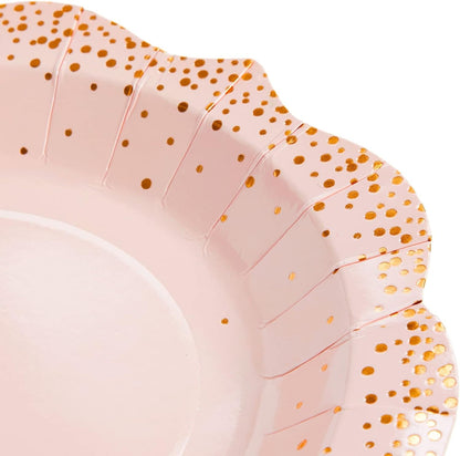 Sparkle and Bash 24-Pack Pink Disposable Serving Trays, Gold Foil Polka Dotted Party Platters for Wedding, Birthday, Tea Party, Brunch Decorations, Table Centerpiece, Home Decor (9x13 in)