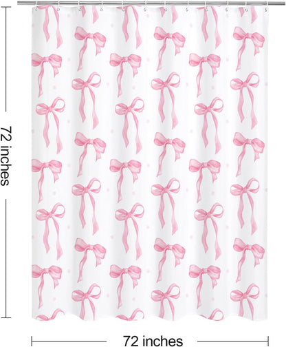Litabel Cute Bow Shower Curtain, Pink Aesthetic Bowknot Shower Curtain for Bathroom, Modern Minimalist White Waterproof Fabric Shower Curtain Set, 72x72 Inch