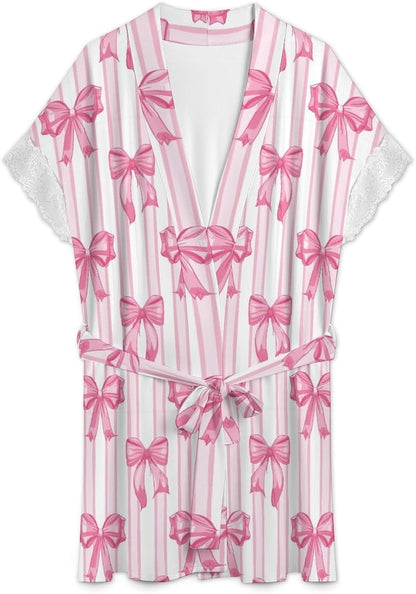 Womens Lounge Robe Short Lace Trim Comfy Sleepwear Bride Bathrobe Lightweight Kimono