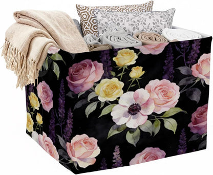 56L Pink Floral Foldable Square Laundry Hamper with Handles – Large Clothes, Blanket & Toy Storage Basket for Home Organization.