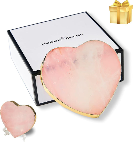 Rose Quartz Agate Heart Pink Geode Stone Drink Coaster Gift Box 1 Pcs, Crystal Decoration for Birthday, Christmas, Valentine's Day, Wedding, Coffee Table