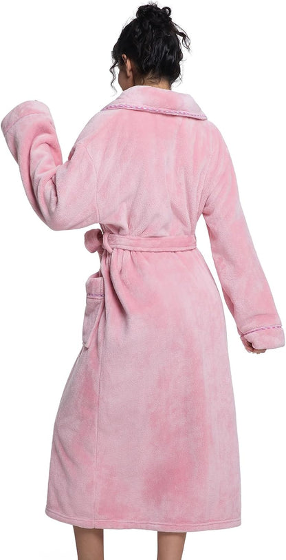 Womens Long Fleece Robe Soft Plush Robes for Women Warm Bathrobes Comfy House Coat Full-length with Pocket