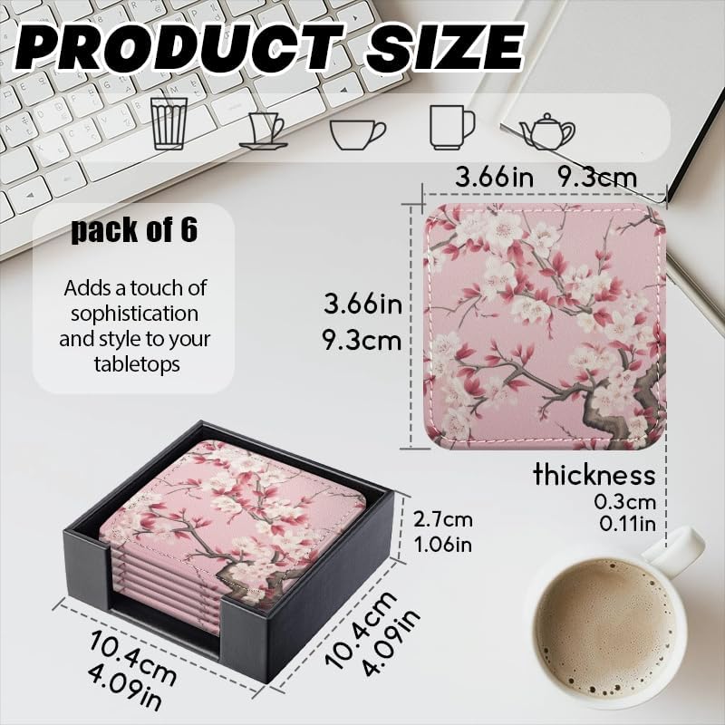 PU Leather Coasters for Drinks Bar Beer,Set of 6 with Holder,Square Housewarming Gift,Pink Flower in The Style of Chinese Art