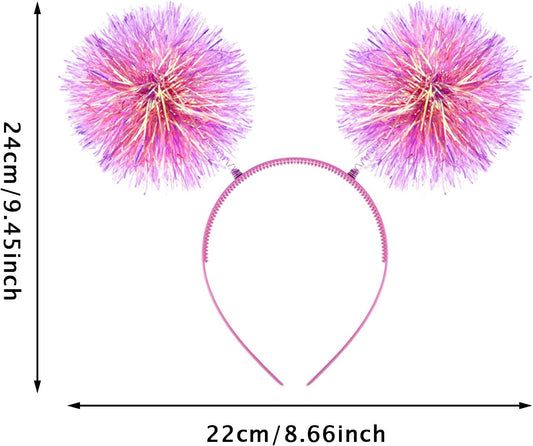 DIVINA VITAE Foil Strips Glitter Tinsel Headband White Hair Accessories for Women, Fluffy Pom Ball