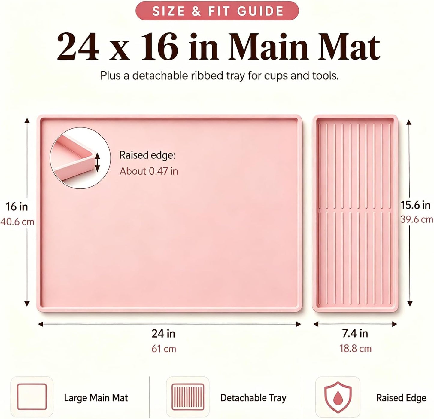 Silicone Coffee Bar Mat 24 x 16 in with Drying Tray, Soft Pink | 24 x 16 in food-grade silicone mat for home/coffee bar; removable tray, raised rim, smooth base adds grip, heat insulation