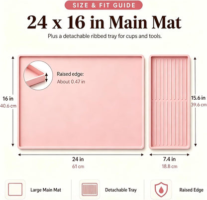 Silicone Coffee Bar Mat 24 x 16 in with Drying Tray, Soft Pink | 24 x 16 in food-grade silicone mat for home/coffee bar; removable tray, raised rim, smooth base adds grip, heat insulation