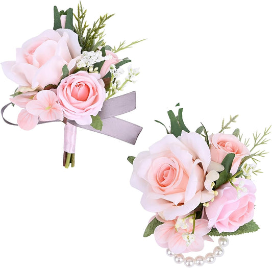MAFELOE Artificial Rose Corsage Boutonniere Set for Groom Bride Groomsmen Bridesmaids, Simulated Flowers Accessories Wedding Party Prom Suit Decorations- 2 Pieces of Pink Combination