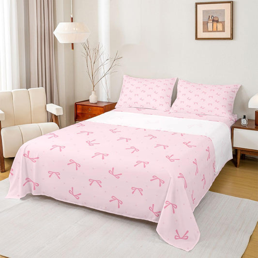 Castle Fairy Pink Bow Full Size Fitted Sheet,Cute Dots Polyester Bed Sheet for Kids Girls,Minimalist Style Soft Deep Pocket Bedding with 2 Pillowcases,Peach Color
