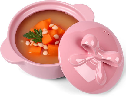 LemonRoad Pink Ceramic Casserole Dish with Lid 2.64 Qt Dutch Oven Pot with Bow Lid Dual Handles Stovetop Safe Braiser, Soup Pot for Baking, Roasting, Serving, Stew Rice Stylish Cookware