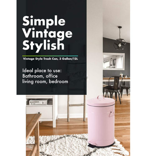 Pink Trash Can with Lid, Bathroom Bedroom Waste Basket Soft Close, Small Garbage Can, Retro Vintage Home Office Trash Can, 12 Liter/3 Gallon, Glossy Pink