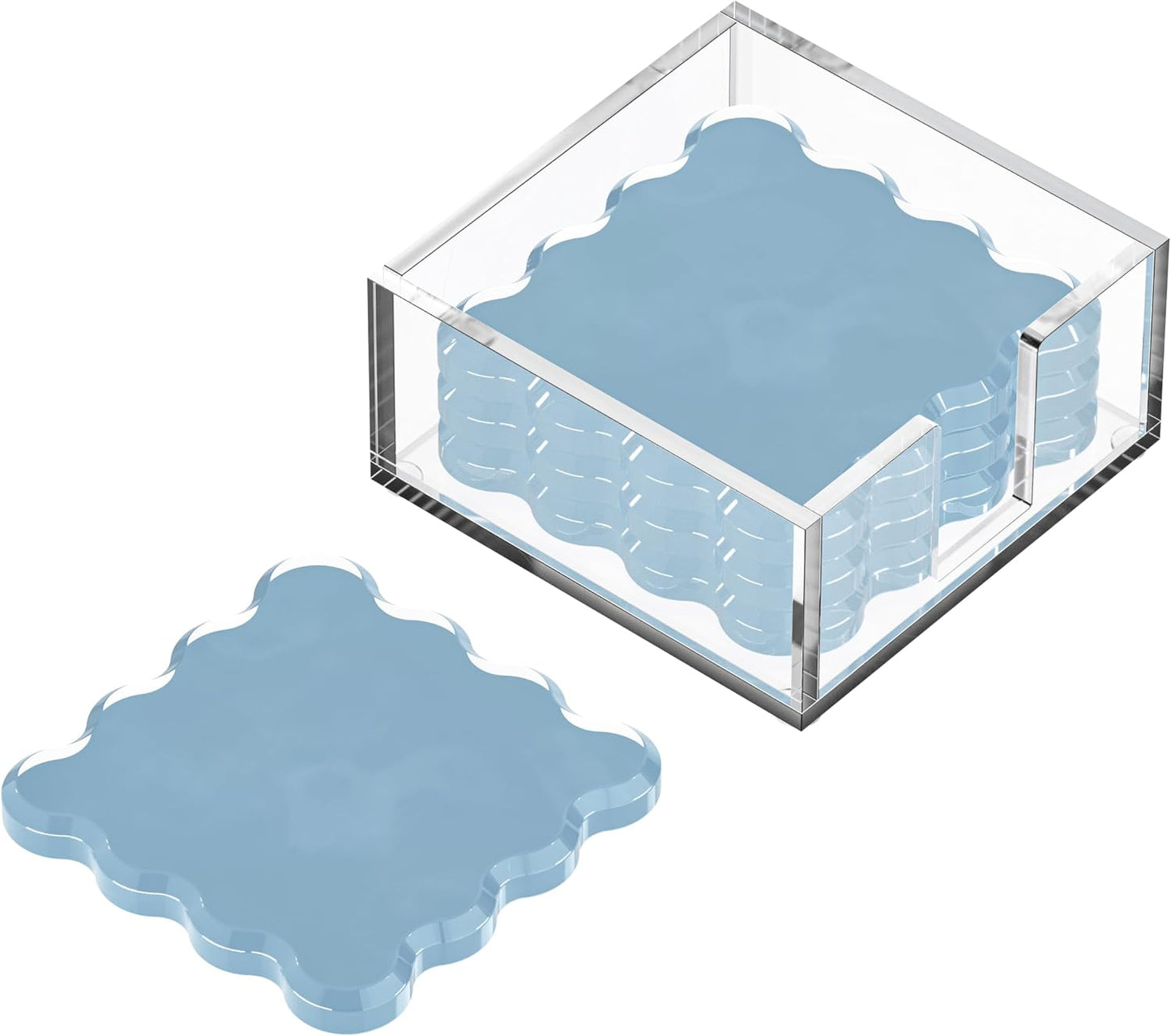 GRAHAM DESIGN Square Scalloped Acrylic Drink Coaster Set 4‑Pack with Square Holder (Light Blue)