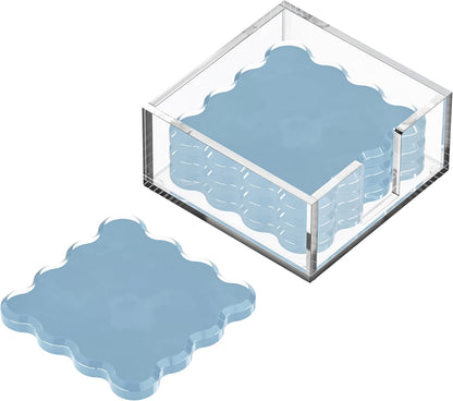 GRAHAM DESIGN Square Scalloped Acrylic Drink Coaster Set 4‑Pack with Square Holder (Light Blue)