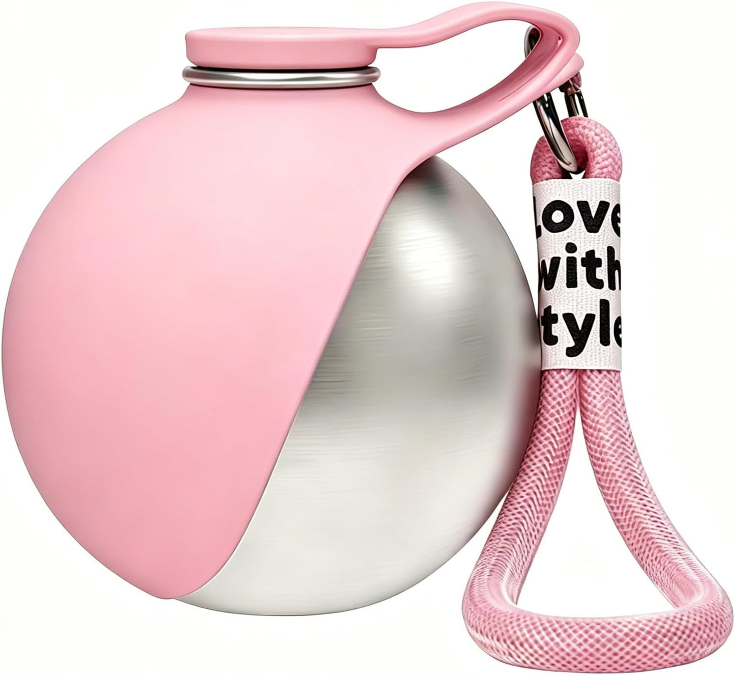 2-in-1 Dog Water Bottle with Foldable Silicone Bowl, 304 Stainless Steel Spherical Pet Travel Water Dispenser, Leakproof Portable Puppy Drinking Flask for Walking and Hiking, 9.6oz - Pink
