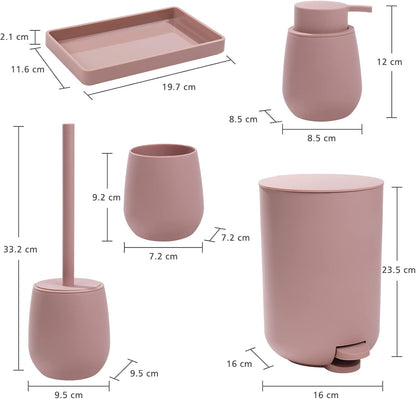 GAHEFY Pink Bathroom Accessories Set with Small Trash Can 3 Liter/0.8 Gallon,Toothbrush Holder,Soap Dispenser,Vanity Tray,Toilet Brush and Holder Pink 5PCS