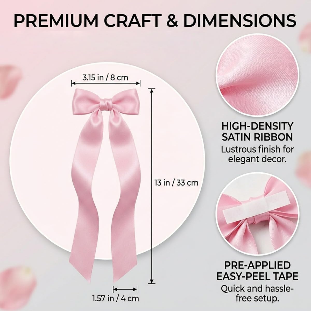 Pink Bows Decor for Candlesticks, 10 Pcs Long Tail Fabric Ribbon Bows for Candle Holder Decor, Pink Bow Decorations for Wedding Table Centerpieces, Home, Party and Holiday Styling