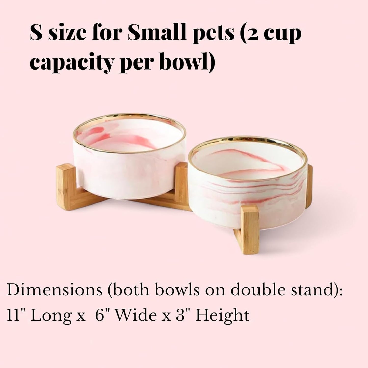 Ceramic Pet Bowl (Marble Design) Set of 2 with Stand, 2cups and 4 Cups Capacity (Marble Pink w/Gold, Small, 2 Cups per Bowl)