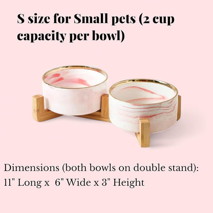 Ceramic Pet Bowl (Marble Design) Set of 2 with Stand, 2cups and 4 Cups Capacity (Marble Pink w/Gold, Small, 2 Cups per Bowl)