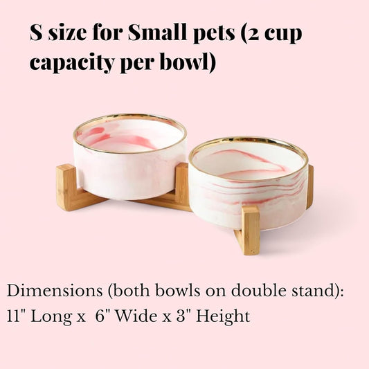 Ceramic Pet Bowl (Marble Design) Set of 2 with Stand, 2cups and 4 Cups Capacity (Marble Pink w/Gold, Small, 2 Cups per Bowl)