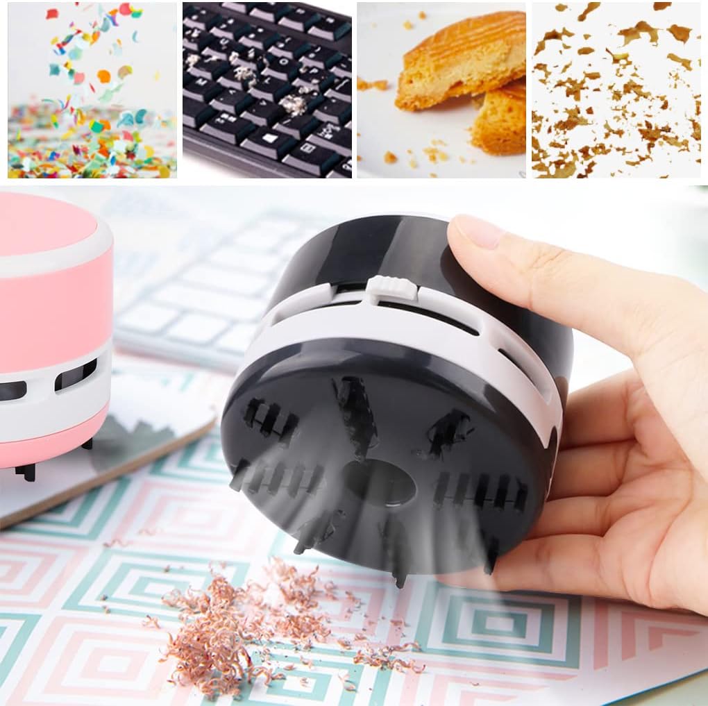 2Pcs Mini Crumb Vacuum Cleaner Portable Desktop Sweeper Handheld Cordless Multifunction Cleaning(Black+Pure Pink)