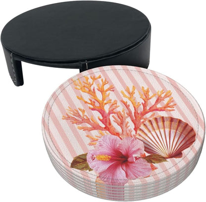 Light Pink Scallop Shell Hibiscus Flower Premium Leather Coasters, Set of 6 with Holder, Stylish Beverage Coasters for Kitchen Coffee Bar