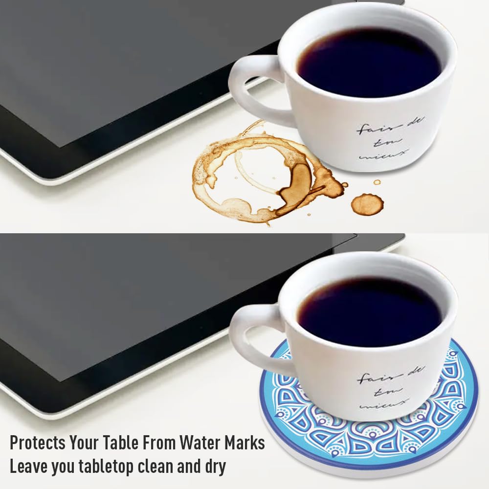 Newk Ceramic Absorbent Coasters - Set of 8 with Metal Holder, Light Colorful Mandala Patterns for Coffee Table, Great Housewarming Gifts
