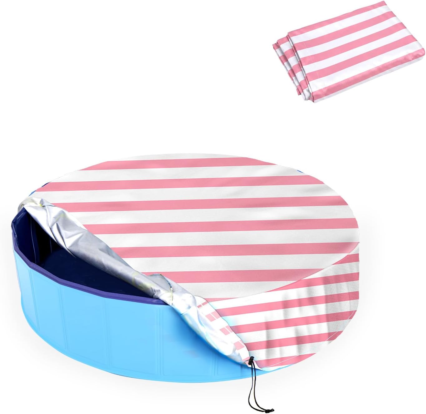 Foldable Round Dog Swimming Pool Cover, for 32"/48"/63" Collapsible Outdoor Tub,PVC Coating Waterproof and UV Protection (S-32 * 8 inch, Pink Stripes)