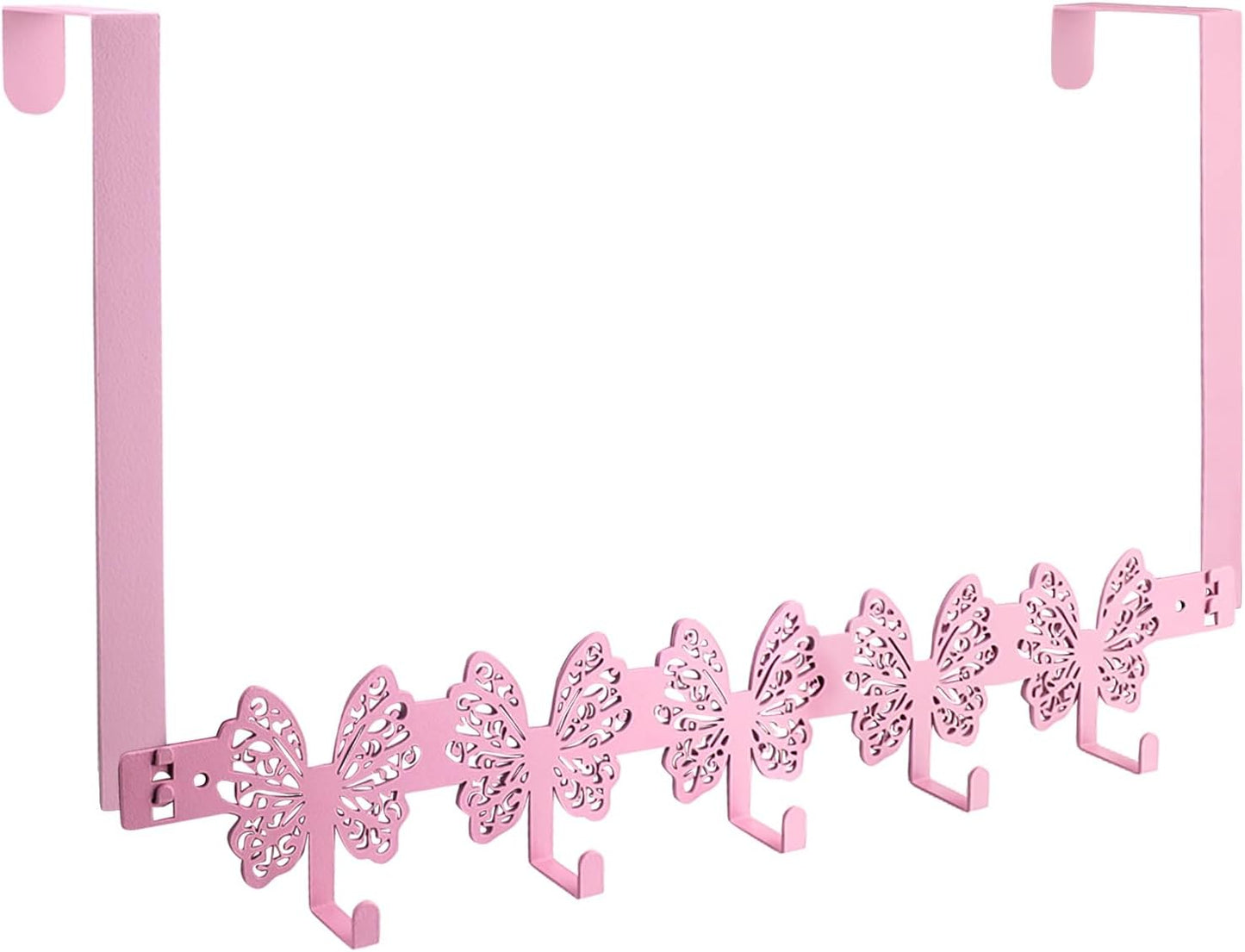 Over The Door Hooks, Pink Butterfly Towel Rack with 5 Hooks Hanging Towel for Bathroom Accessories, Cute Wall Mount Towel Hanger for Hats, Bags, Keys, Home Organizer