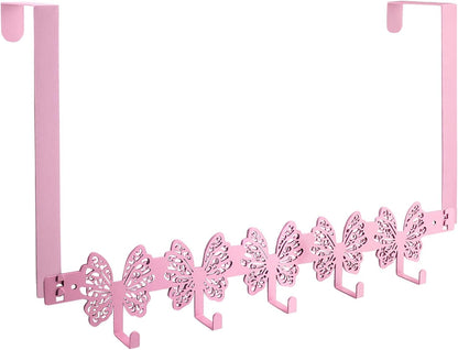 Over The Door Hooks, Pink Butterfly Towel Rack with 5 Hooks Hanging Towel for Bathroom Accessories, Cute Wall Mount Towel Hanger for Hats, Bags, Keys, Home Organizer