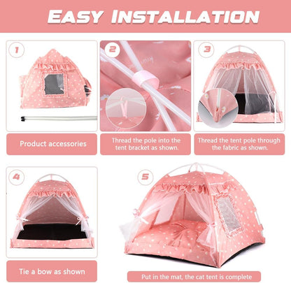 Dog Tent Indoor Cat House Pink Puppy Bed Portable Pet Teepe Princess Dog Camping Tent Outdoor Kitten Houses Cute Bunny Nest Girl Kitty Cave, Small (13.8" x 13.8" x 11.8")