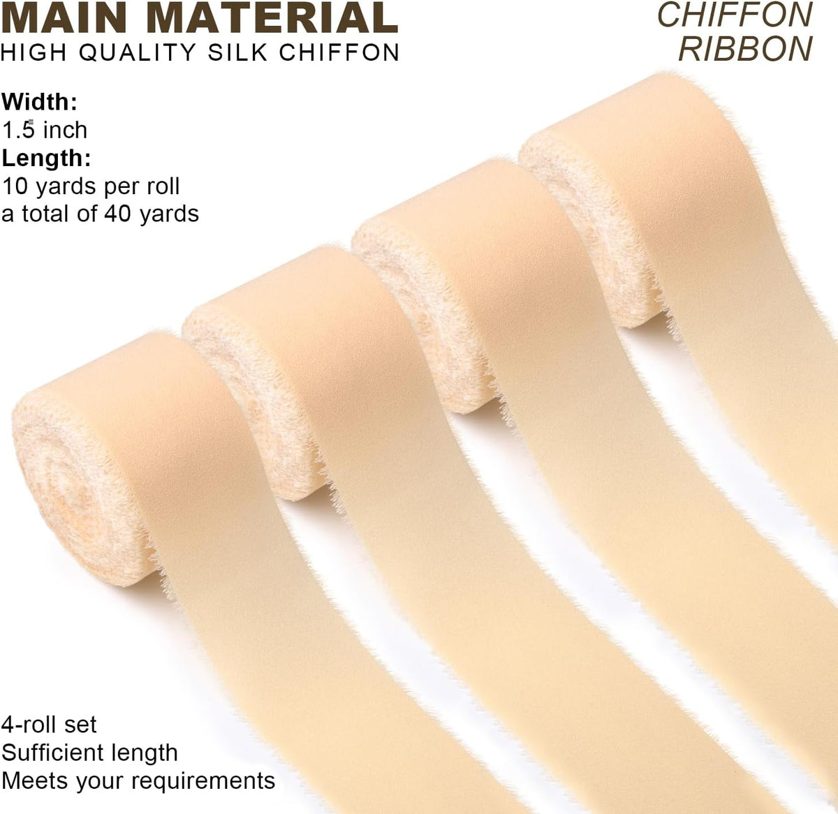 Chiffon Ribbon 1-1/2 Inch x 40Yds Tender Peach Boho Frayed Fringe Silk for Wedding Invitation & Gift Wrapping