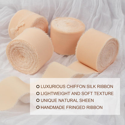 Chiffon Ribbon 1-1/2 Inch x 40Yds Tender Peach Boho Frayed Fringe Silk for Wedding Invitation & Gift Wrapping