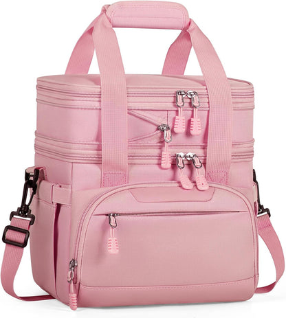 Large Lunch Box for Men/Women Dual-Compartment Insulated Lunch Bag,Adults Expandable Leakproof Cooler Bag Lunch Tote with Adjustable Shoulder Strap for Work Camping Picnic,Pink 24-Can(14L)