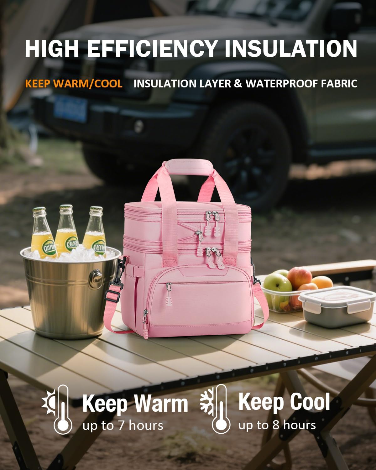 Large Lunch Box for Men/Women Dual-Compartment Insulated Lunch Bag,Adults Expandable Leakproof Cooler Bag Lunch Tote with Adjustable Shoulder Strap for Work Camping Picnic,Pink 24-Can(14L)