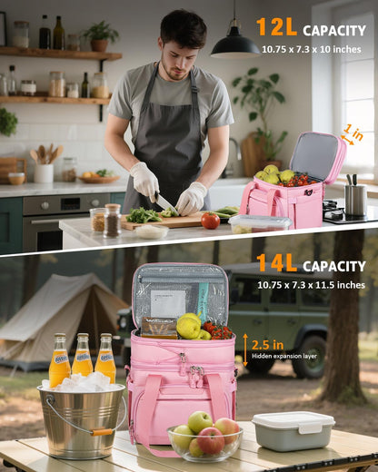 Large Lunch Box for Men/Women Dual-Compartment Insulated Lunch Bag,Adults Expandable Leakproof Cooler Bag Lunch Tote with Adjustable Shoulder Strap for Work Camping Picnic,Pink 24-Can(14L)