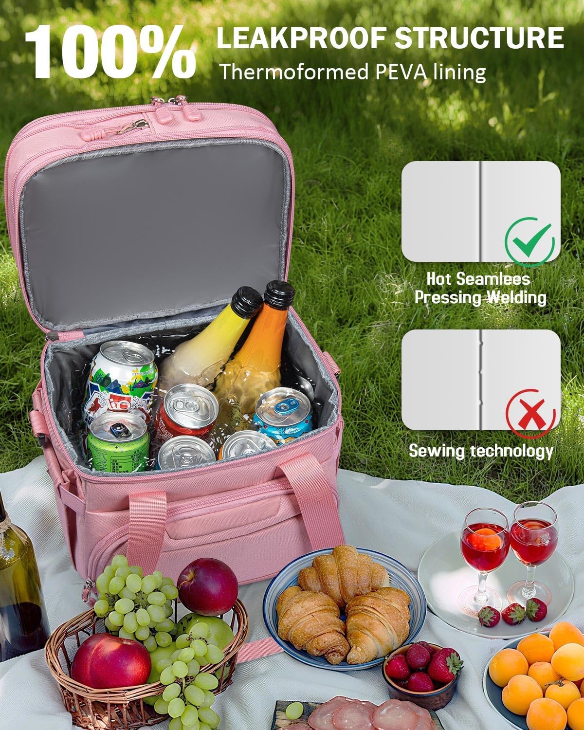 Large Lunch Box for Men/Women Dual-Compartment Insulated Lunch Bag,Adults Expandable Leakproof Cooler Bag Lunch Tote with Adjustable Shoulder Strap for Work Camping Picnic,Pink 24-Can(14L)