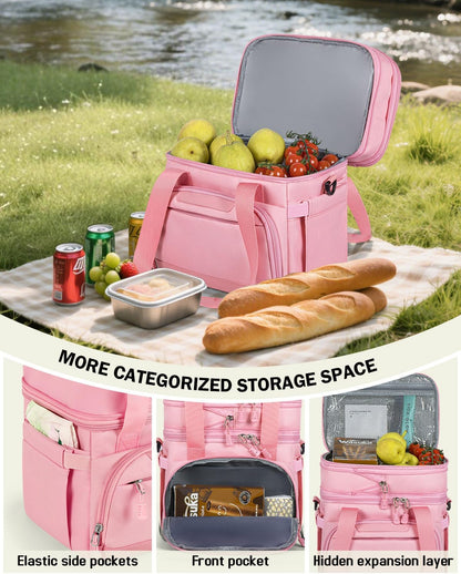 Large Lunch Box for Men/Women Dual-Compartment Insulated Lunch Bag,Adults Expandable Leakproof Cooler Bag Lunch Tote with Adjustable Shoulder Strap for Work Camping Picnic,Pink 24-Can(14L)