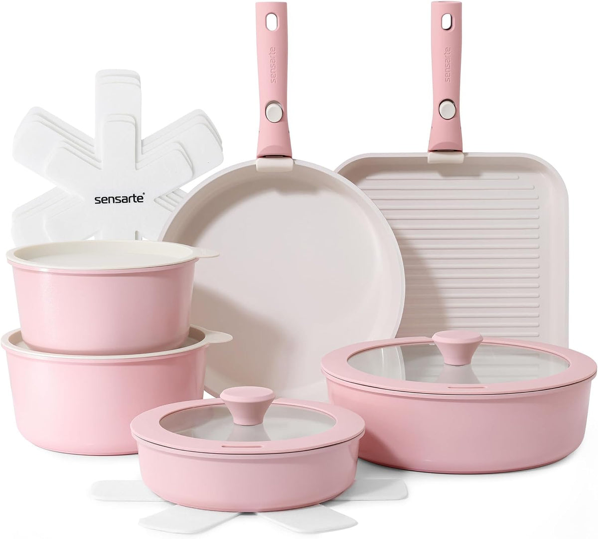 17 Piece Ceramic Detachable Handle Pots and Pans Set Pink