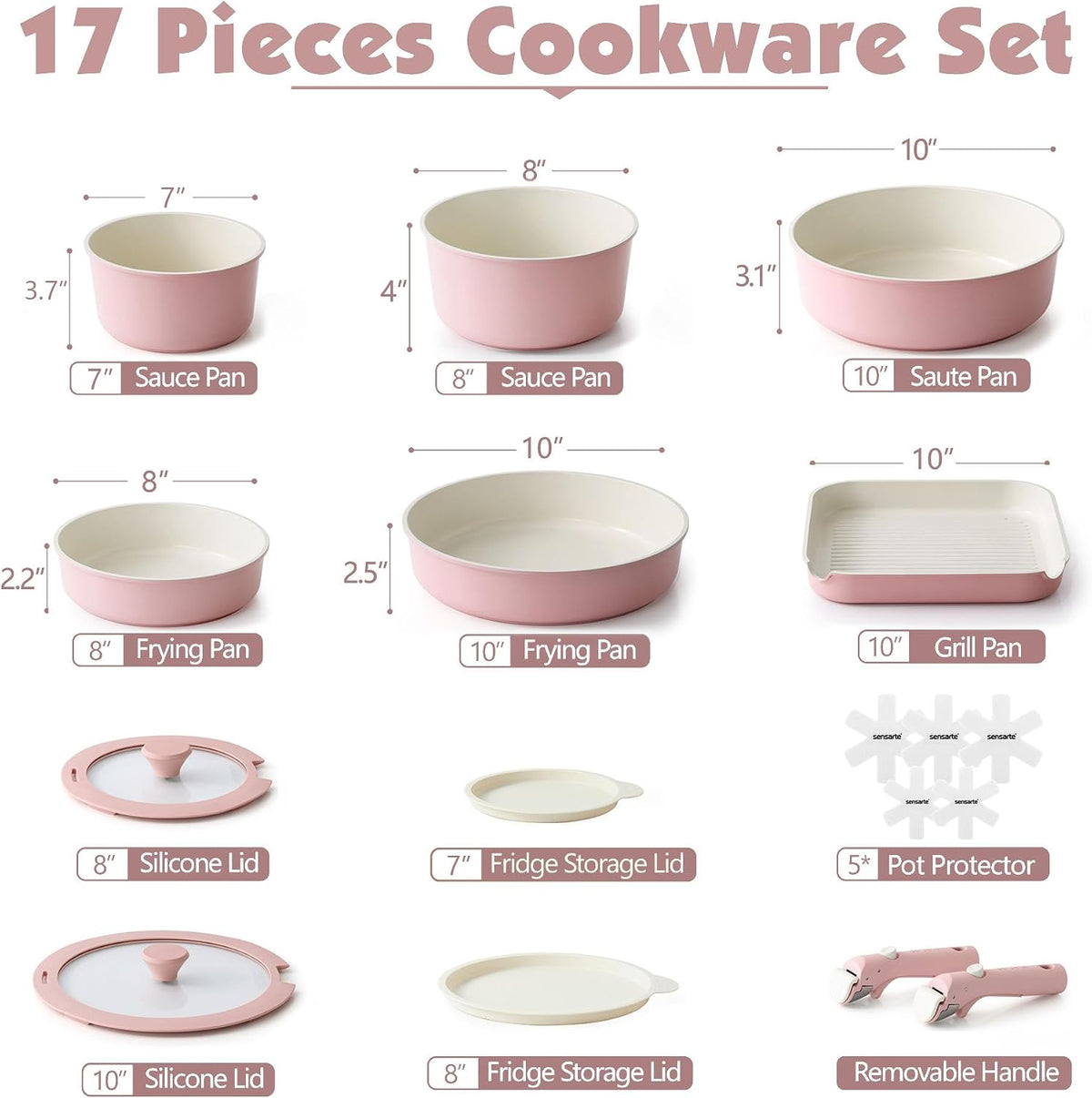 17 Piece Ceramic Detachable Handle Pots and Pans Set Pink