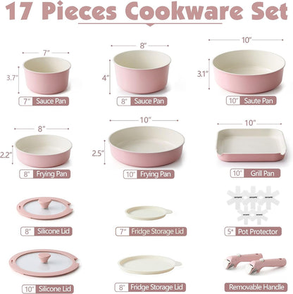 17 Piece Ceramic Detachable Handle Pots and Pans Set Pink