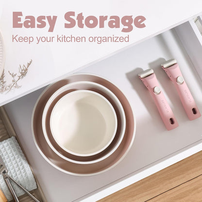 17 Piece Ceramic Detachable Handle Pots and Pans Set Pink