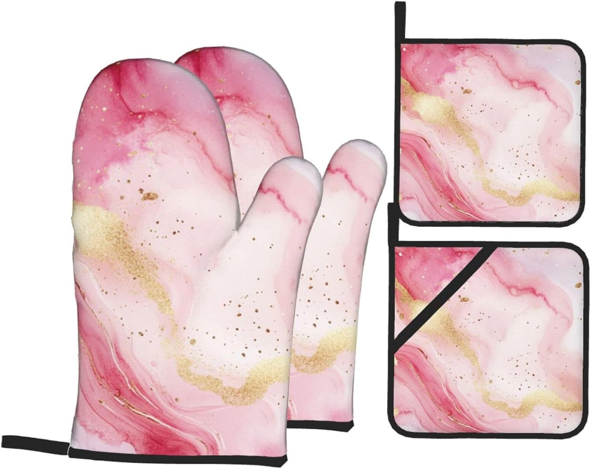 Oven Mitts and Pot Holders Set Pastel Light Pink Marble Heat Resistant Kitchen Gloves 2 Oven Mitts and 2 Pot Holders for Cooking Baking BBQ