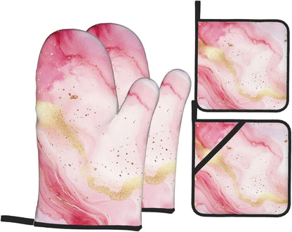 Oven Mitts and Pot Holders Set Pastel Light Pink Marble Heat Resistant Kitchen Gloves 2 Oven Mitts and 2 Pot Holders for Cooking Baking BBQ