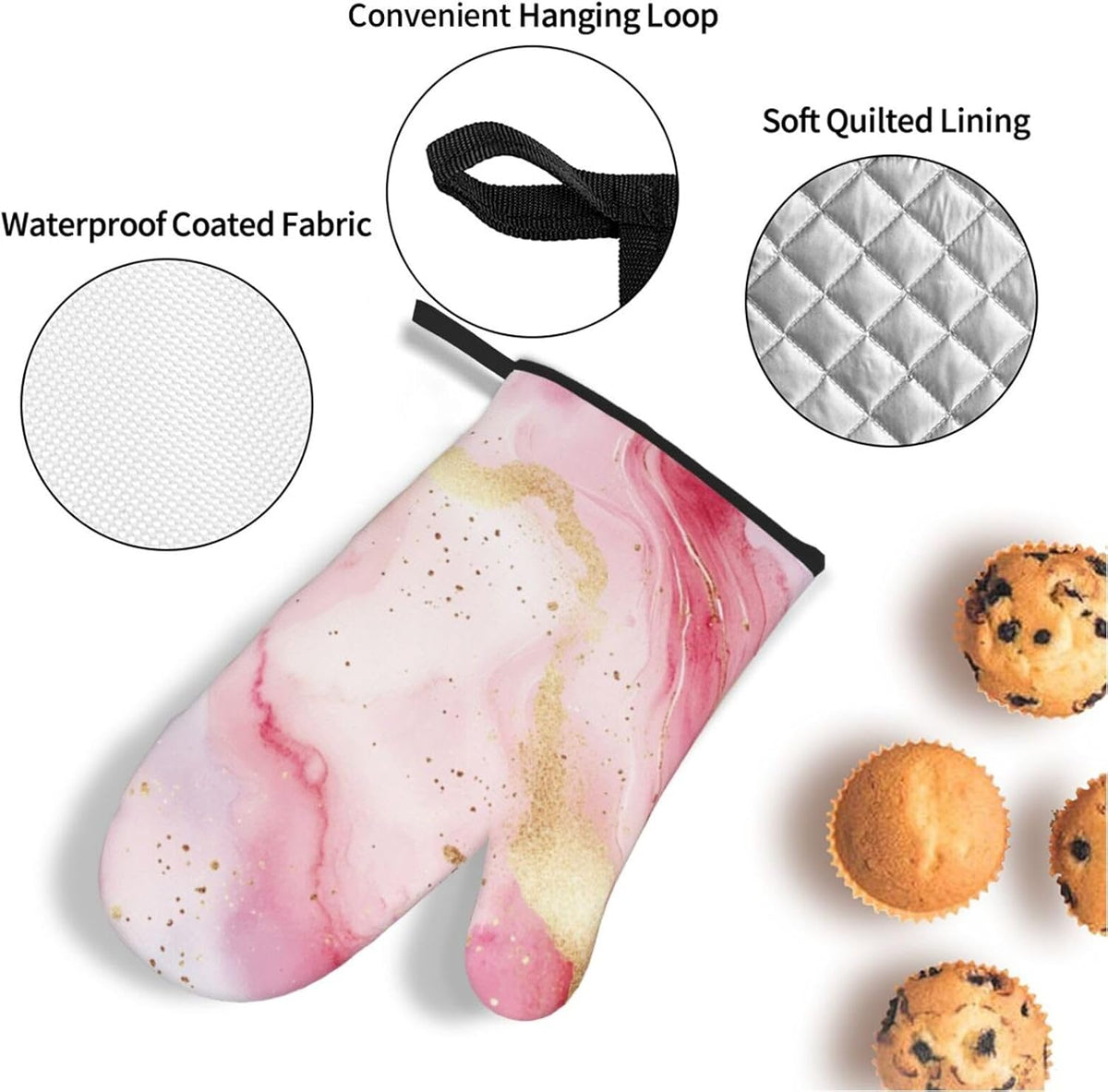 Oven Mitts and Pot Holders Set Pastel Light Pink Marble Heat Resistant Kitchen Gloves 2 Oven Mitts and 2 Pot Holders for Cooking Baking BBQ