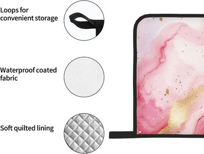 Oven Mitts and Pot Holders Set Pastel Light Pink Marble Heat Resistant Kitchen Gloves 2 Oven Mitts and 2 Pot Holders for Cooking Baking BBQ